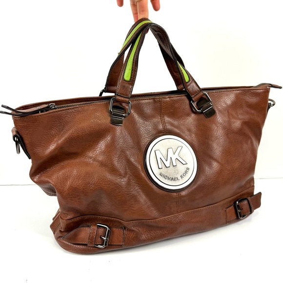 Vintage Michael Kors Brown Boho Leather Handbag Tote Purse Large Metal Accent - Picture 1 of 10